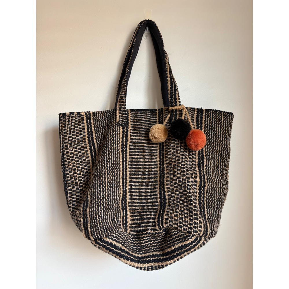 Anabaglish Woven Jute Cotton Tote Bag Black Natural Striped Pom Pom Boho Large